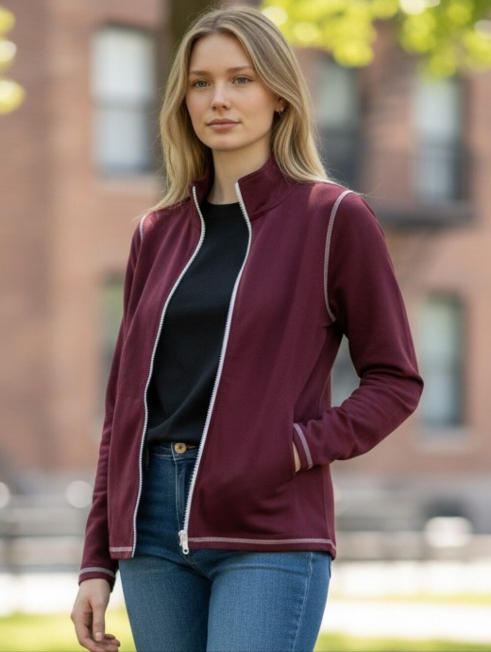 Quacker Factory Burgundy Jacket with White Trim